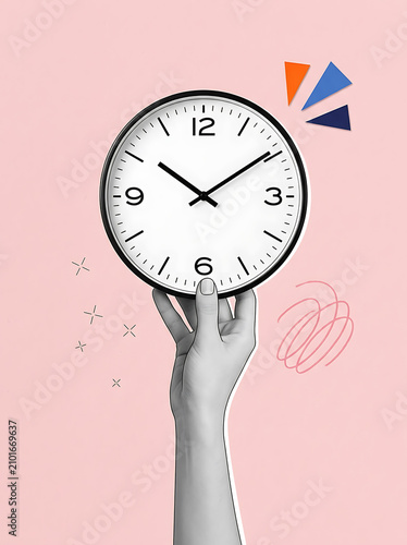 A hand holding a clock with a pink background and geometric shapes