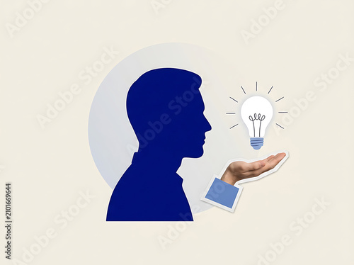 A man with a creative idea represented by a lightbulb above his hand