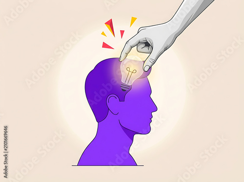 A hand puts a glowing lightbulb into a person's head