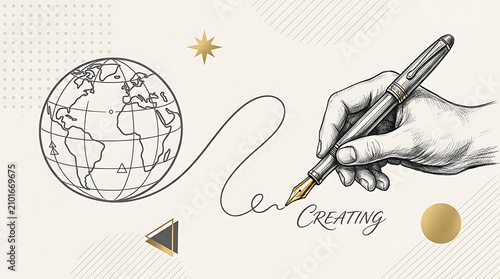 A hand holding a pen creating a line that forms a globe