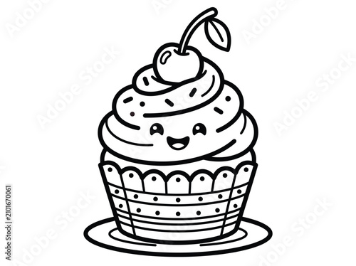 Fotografie A cute cupcake coloring page for children with a kawaii cherry design