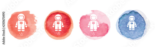 Photos Colorful astronaut icons in red and blue watercolor backgrounds.