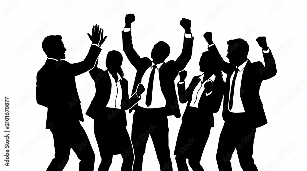 Fototapeta premium Silhouette of successful business team celebrating victory on white background