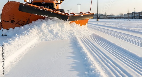 Orange Snowplow Clearing Deep Snow From Empty Parking Lot in Winter Morning