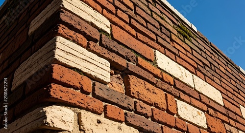 Weathered Red Brick Wall Corner Under Clear Blue Sky