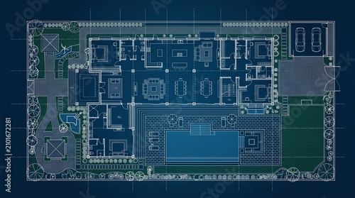 Luxury Modern Villa Architectural Floor Plan Blueprint with Swimming Pool Layout