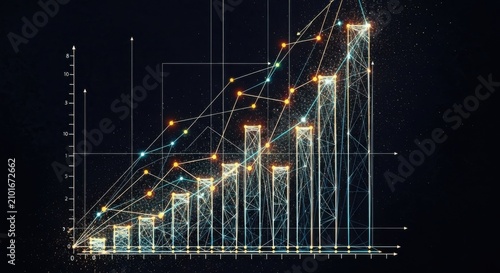 neon glowing graph chart with rising trend on black background