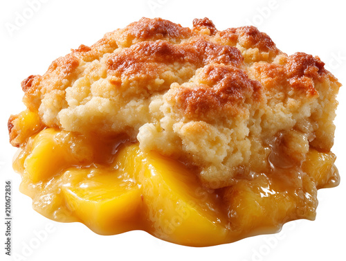 Warm homemade peach cobbler with juicy peach filling and golden biscuit topping, isolated on a white background.