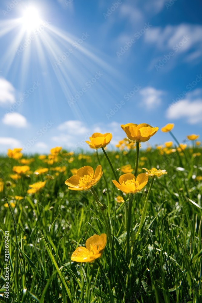 Obraz premium Vibrant yellow wildflowers bloom under a brilliant sun in a lush green meadow