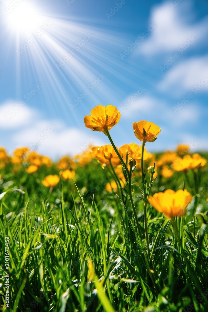 Fototapeta premium Vibrant field of yellow wildflowers bathed in bright sunlight under a blue sky