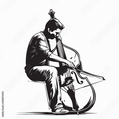 Foto Jazz Double Bass Player Silhouette Vector Illustration On white Background