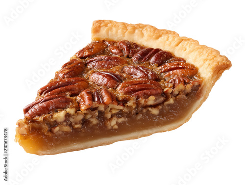 Slice of pecan pie with rich caramel filling and crunchy pecan topping, isolated on a white background.
