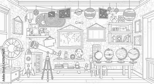 Detailed illustration of a science classroom with various educational tools and celestial models.
