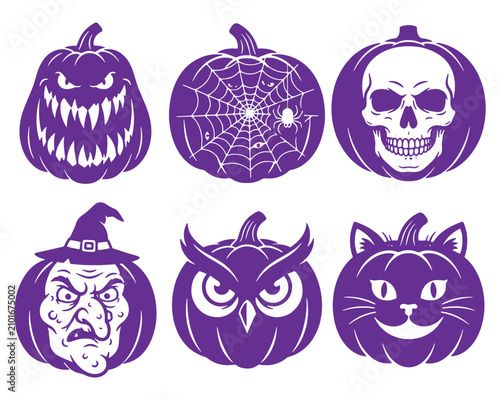 Halloween Pumpkin Faces and Spooky Character Silhouette Vector Illustration Set