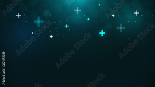 A futuristic medical background with floating cross icons and digital hexagonal patterns for health technology