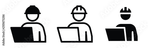 Engineer with laptop icon set. Construction worker or architect with hard hat and computer symbol for industrial site management, building development, black and white vector illustration