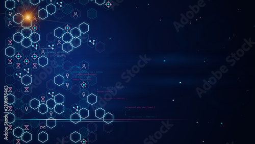 Canvastavla Abstract digital background featuring glowing network hexagons, software code sn