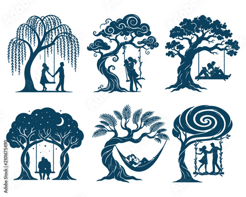 Mystical Tree Silhouette Collection with Nature and Fantasy Scene Vector Illustration