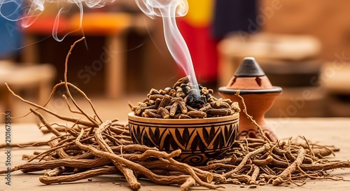Smoking Dried Herbs and Roots Arranged on Rustic Wooden Table