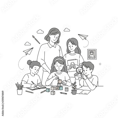 Children learning and playing with teacher illustration