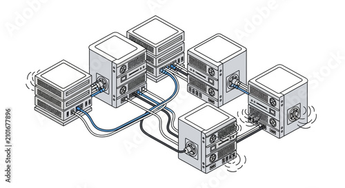 Isometric illustration of connected server racks in a data center.