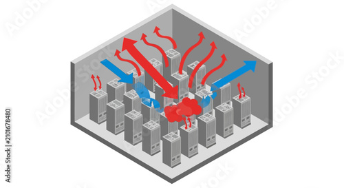Abstract isometric data center server room with cooling system visualization.