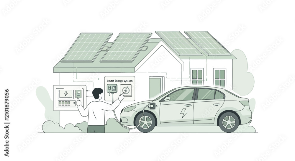 Obraz premium Eco-friendly Home Energy: Solar Panels Powering Electric Car Charging