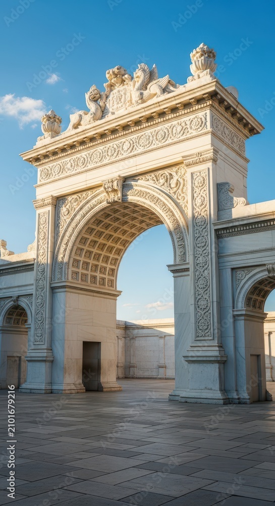 Fototapeta premium A grand marble archway stands elegantly in a sunlit courtyard, featuring intricate stone carvings and polished textures under a clear sky, solid, structure, grey