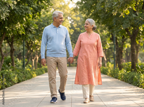 Happy senior Indian couple holding hands while enjoying a peaceful morning walk in a green park representing healthy aging retirement and active lifestyle