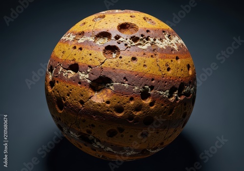 Macro view of a spherical stone object with a deeply pitted and weathered surface, highlighting the intricate details of its natural grain, decoration, textured, art
