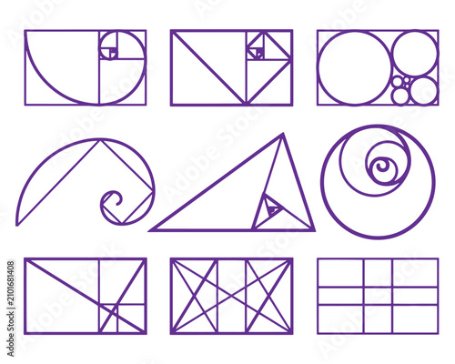 Golden Ratio and Fibonacci Geometry Diagram Set Vector Illustration