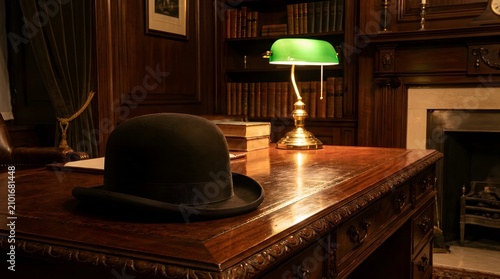 Vintage Office Desk with Black Bowler Hat and Green Banker Lamp