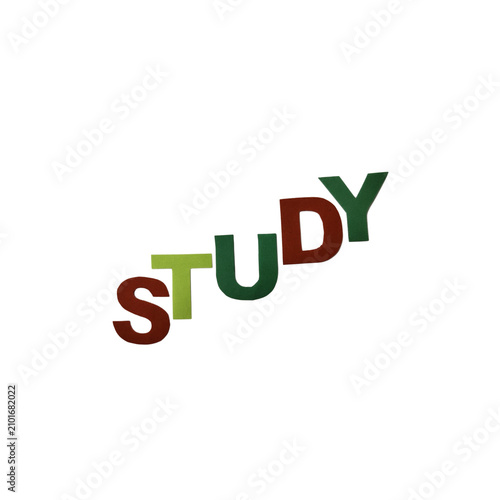 Colorful felt letters spelling out the word study in a diagonal alignment