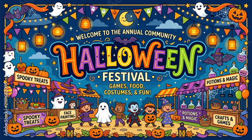 Vibrant halloween festival poster with decorations playful characters