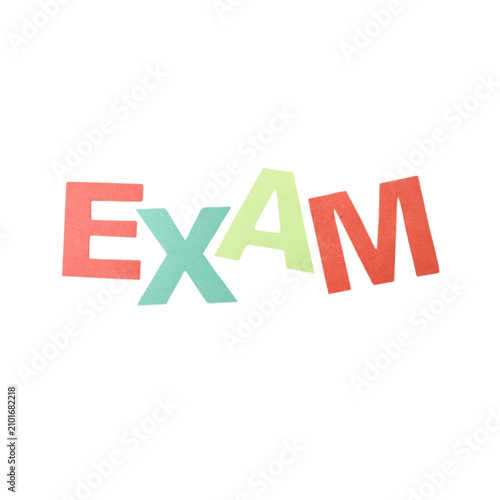 Colorful hand drawn typography spelling the word exam in playful letters