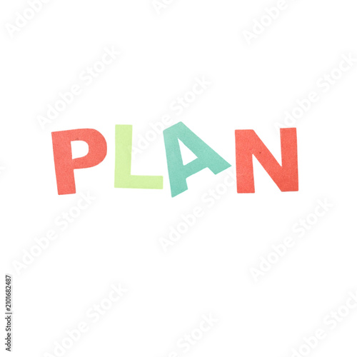 Colorful hand drawn letters spelling the word plan in a creative font style
