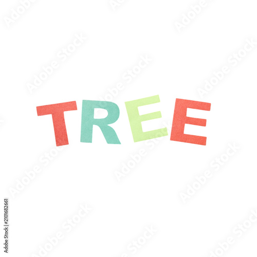 Multicolor artistic letters forming the word tree in a playful design style