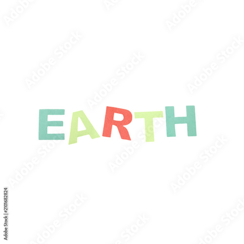 Colorful cutout style typography spelling the word earth in playful letters