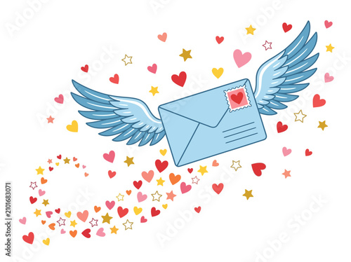 Tableau sur toile A winged blue envelope flies through colorful hearts and stars