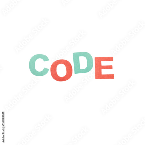 Text art displaying the word code in alternating light blue and red colors