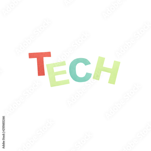 Colorful hand drawn typography spelling out the word tech in pastel colors
