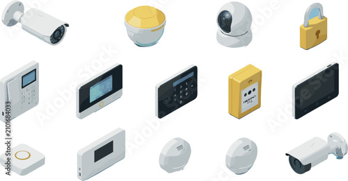 Obraz na płótnie Isometric Smart Home Security System Vector Icon Set with CCTV Cameras, Intercom