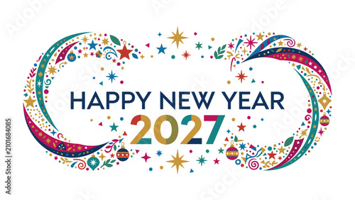 Картината върху платно Happy New Year 2027 Celebration: A festive and colorful abstract design featuring the text Happy New Year 2027 enclosed within a decorative, infinity-like frame adorned with stars, baubles