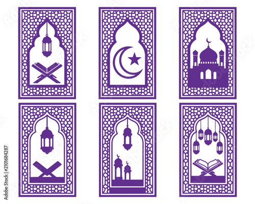 Islamic Ramadan Lantern and Mosque Bookmark Set - Decorative Arabic Arch Laser Cut Vector Templates