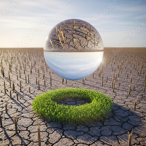 Conceptual globe showing cracked dry earth and blue sky above lush green growth on barren land