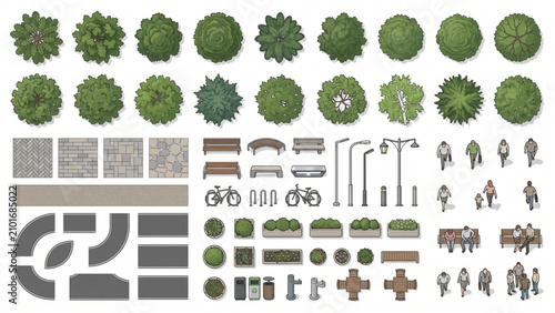 Top View Landscape Planning Kit with Mature Tree Crowns, CAD People, Pathways, Benches, Street Lighting and Site Furniture Architectural Vector