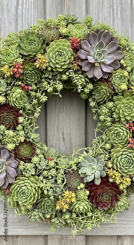 Colorful Succulent Wreath Hanging on Weathered Wooden Door