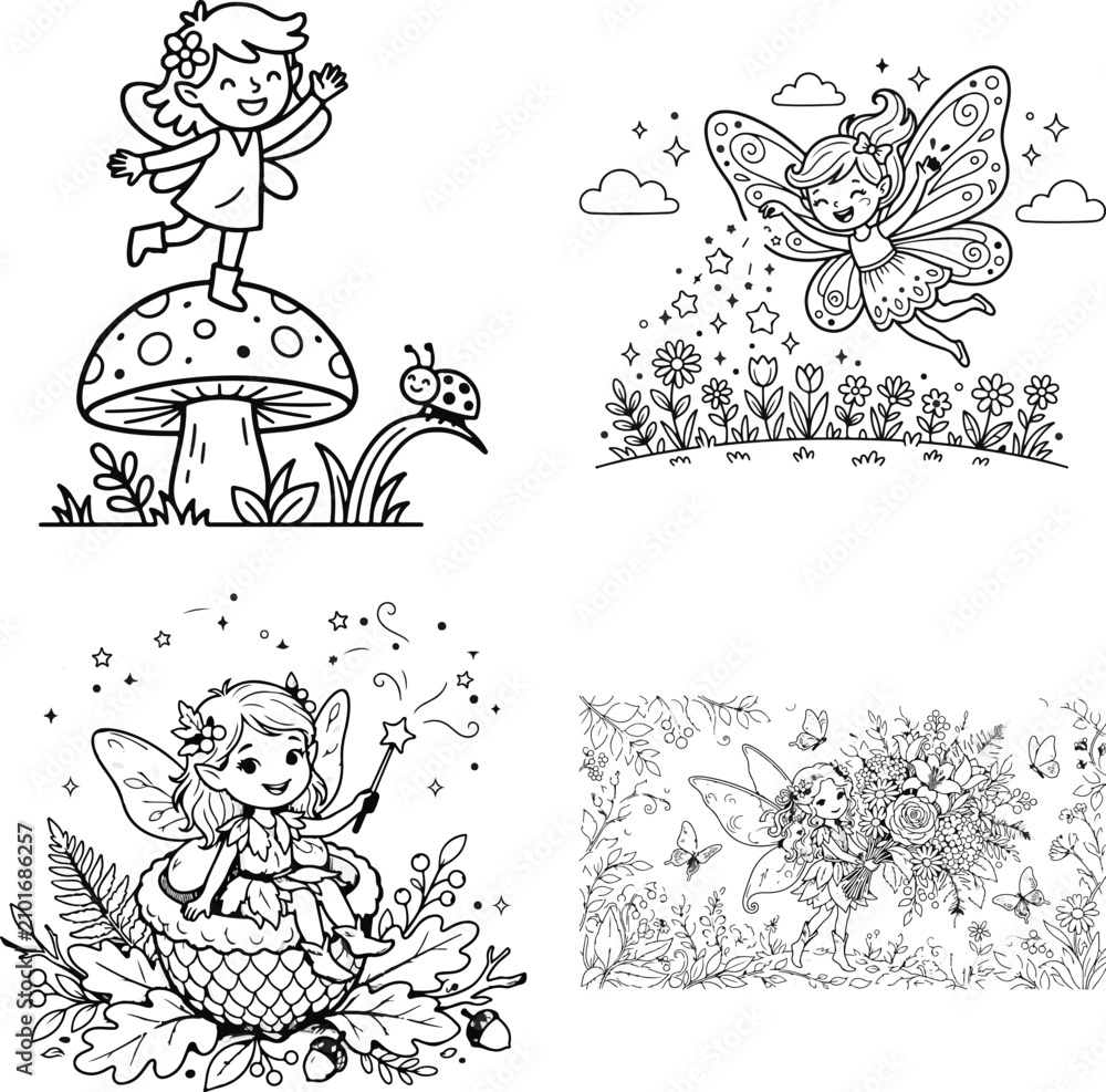 Fototapeta premium Fairy girl standing on colorful mushroom in fantasy forest isolated on transparent background