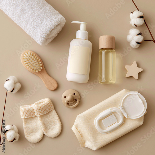 Set of cosmetic products for babies in beige tones. 