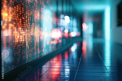 Futuristic corridor with glowing digital patterns and city lights reflections